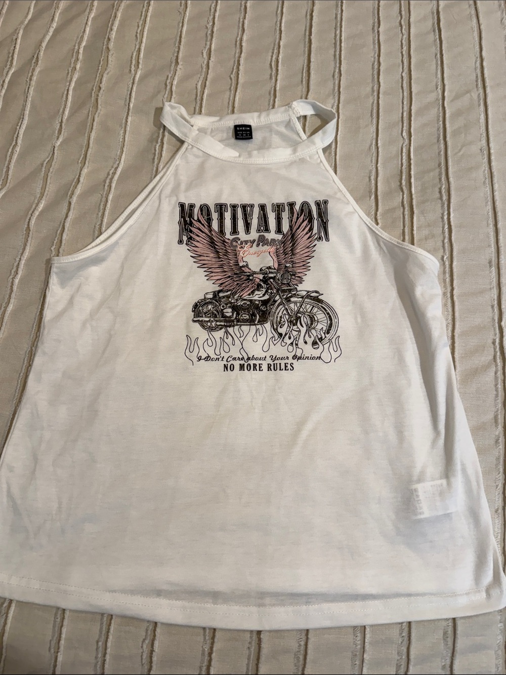 White Graphic Halter Tank Top with Motorcycle Wing Print